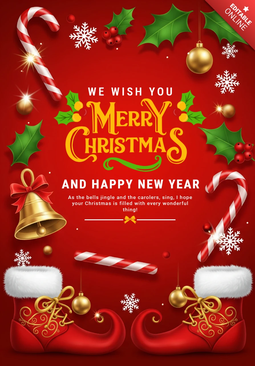 Cartão de Natal com fundo vermelho, folhas de azevinho, bengalas de doce, sino dourado e botas de Natal.