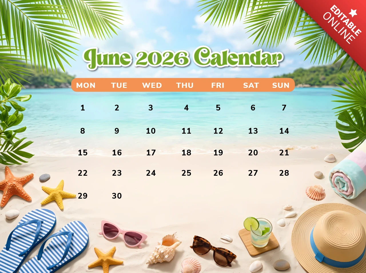 Calendario mensile di giugno 2026 con paesaggi tropicali e elementi di vacanza estiva