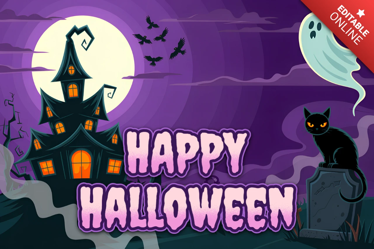 Gruseliges Halloween-Designvorlage mit Spukhaus, Geist und Katze für Partyeinladungen