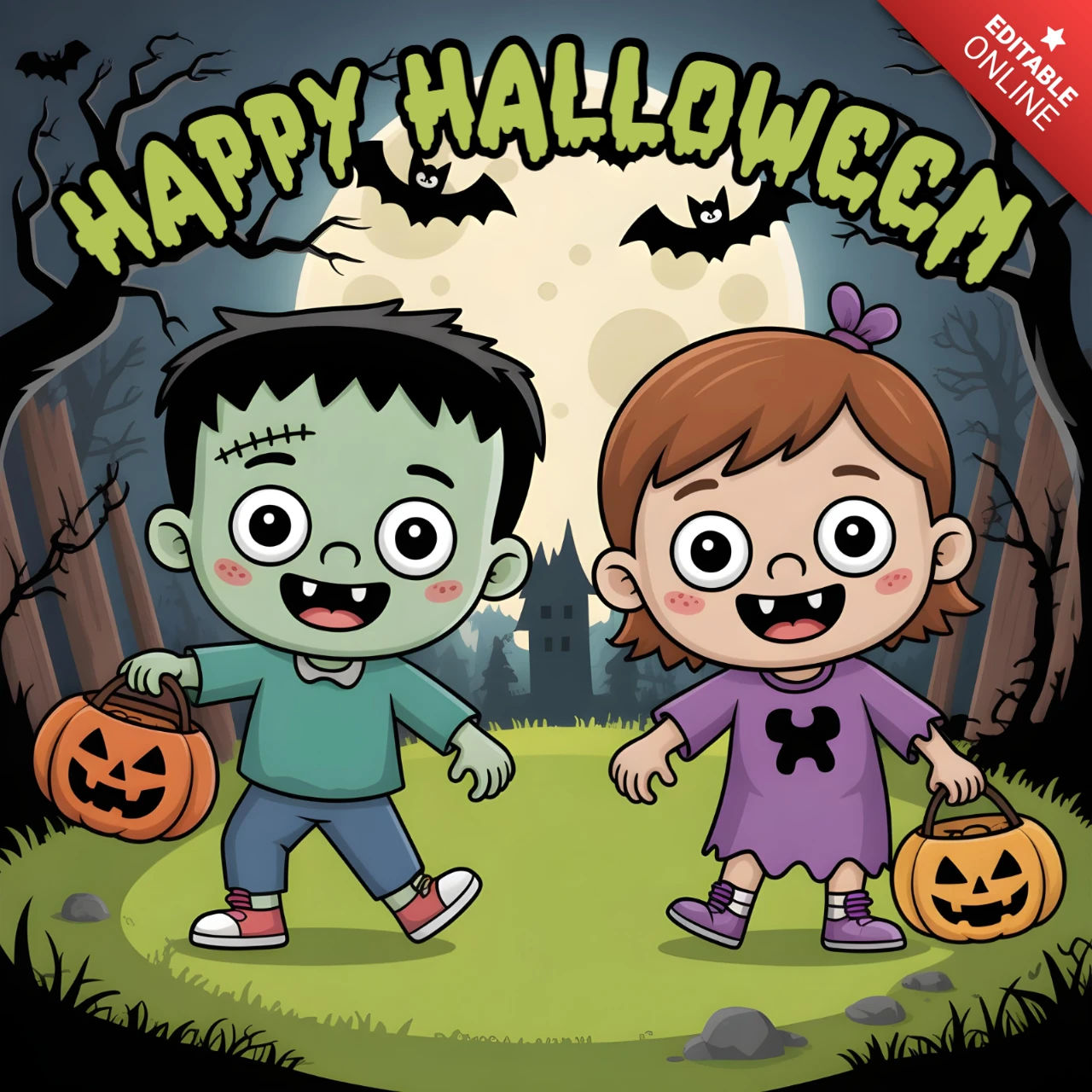 Duo de monstros e bruxas de Halloween em floresta iluminada pela lua com baldes de abóbora design template para panfletos festivos