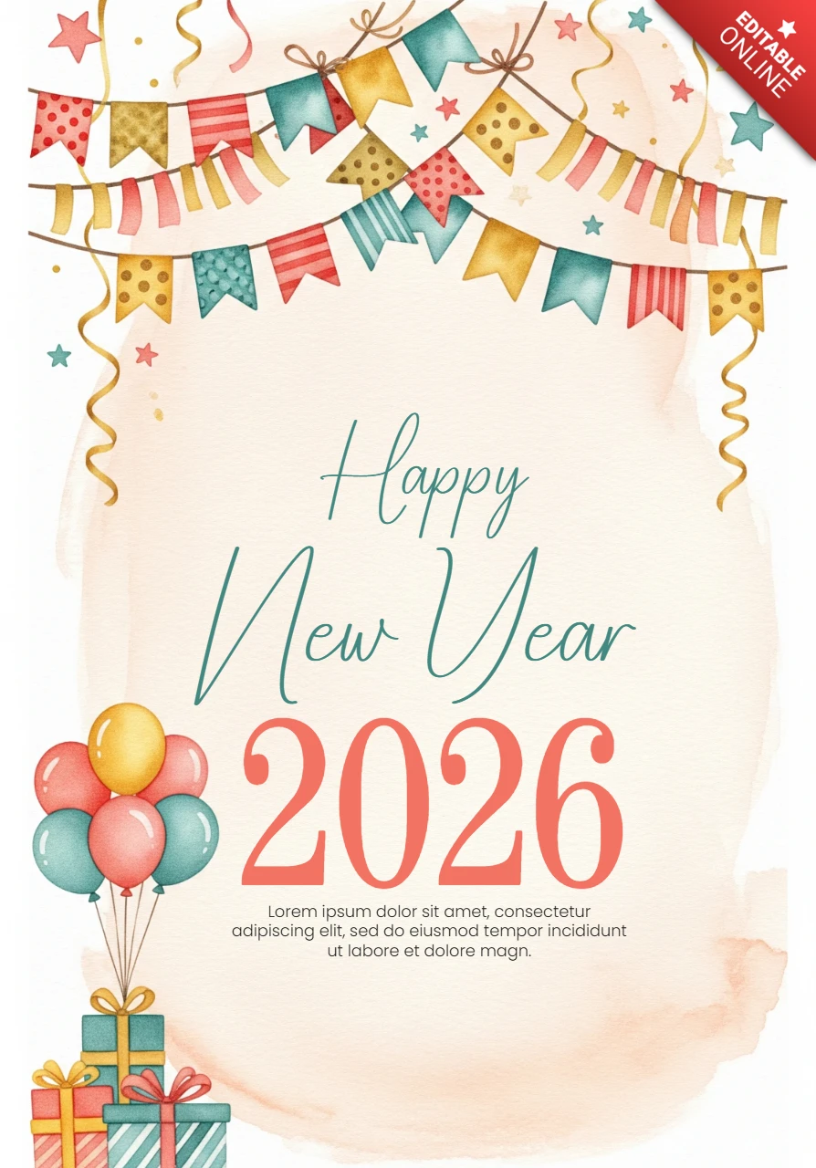 New Year Wishes Template 2026 Watercolor Design with Party Decor and Soft Peach Celebration Theme