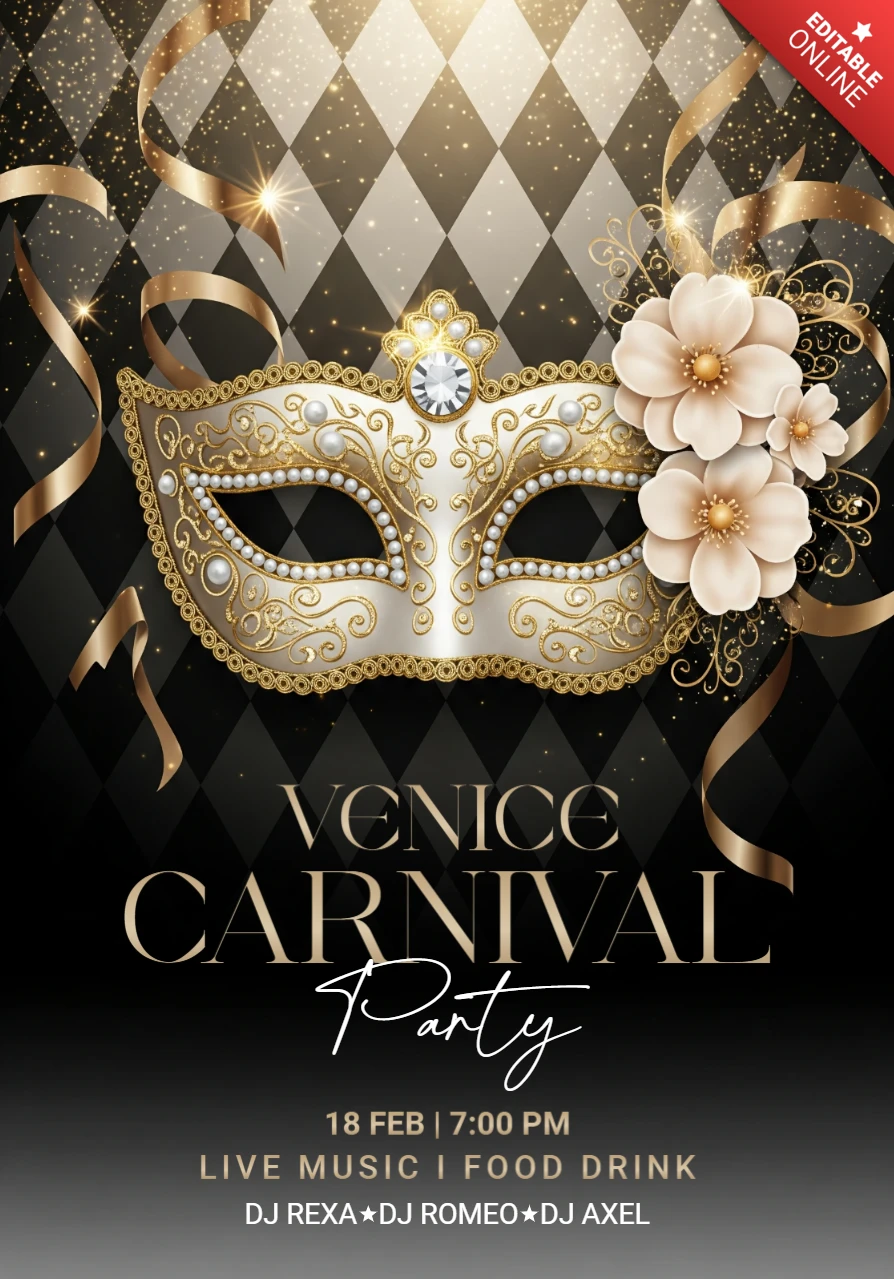 Venice Carnival Party Poster Ornate Gold Masquerade Mask with Pearls and Flowers on Diamond Background