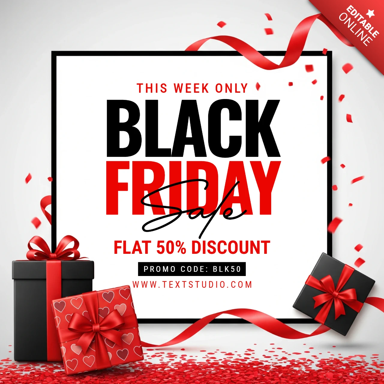 Bold Black Friday Poster Framed White Design with Red Confetti and Decorative Gift Elements Design Template for Promotional Flyers