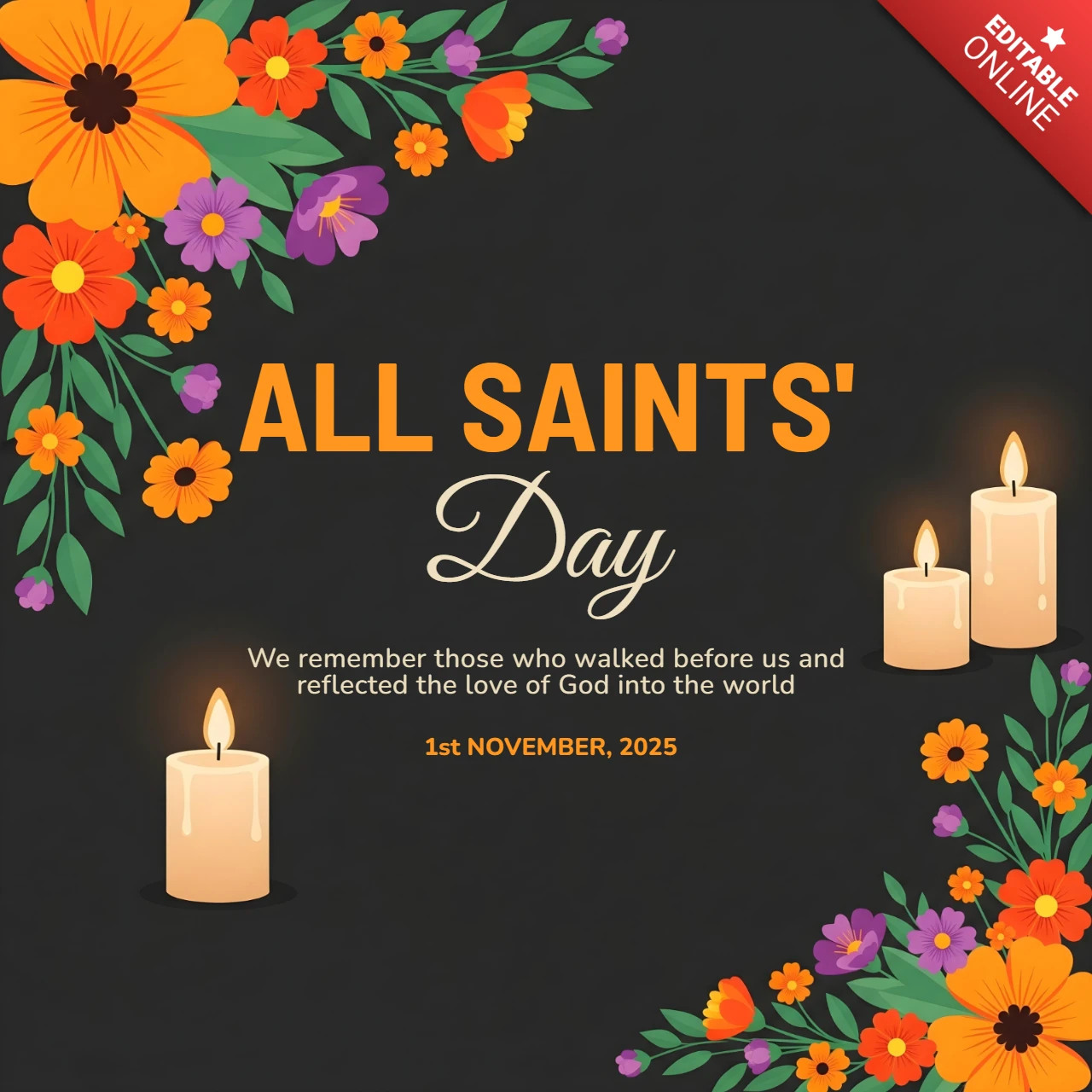 Escena de vela conmemorativa cristiana con flores coloridas y plantilla de tributo del 1 de noviembre para el diseño de tarjeta de saludo del Día de Todos los Santos.