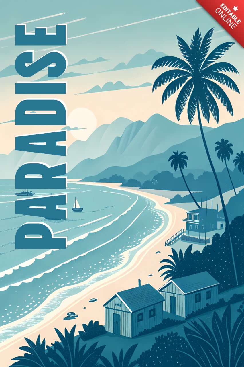 Template di design per poster e merchandising della scena della spiaggia paradisiaca