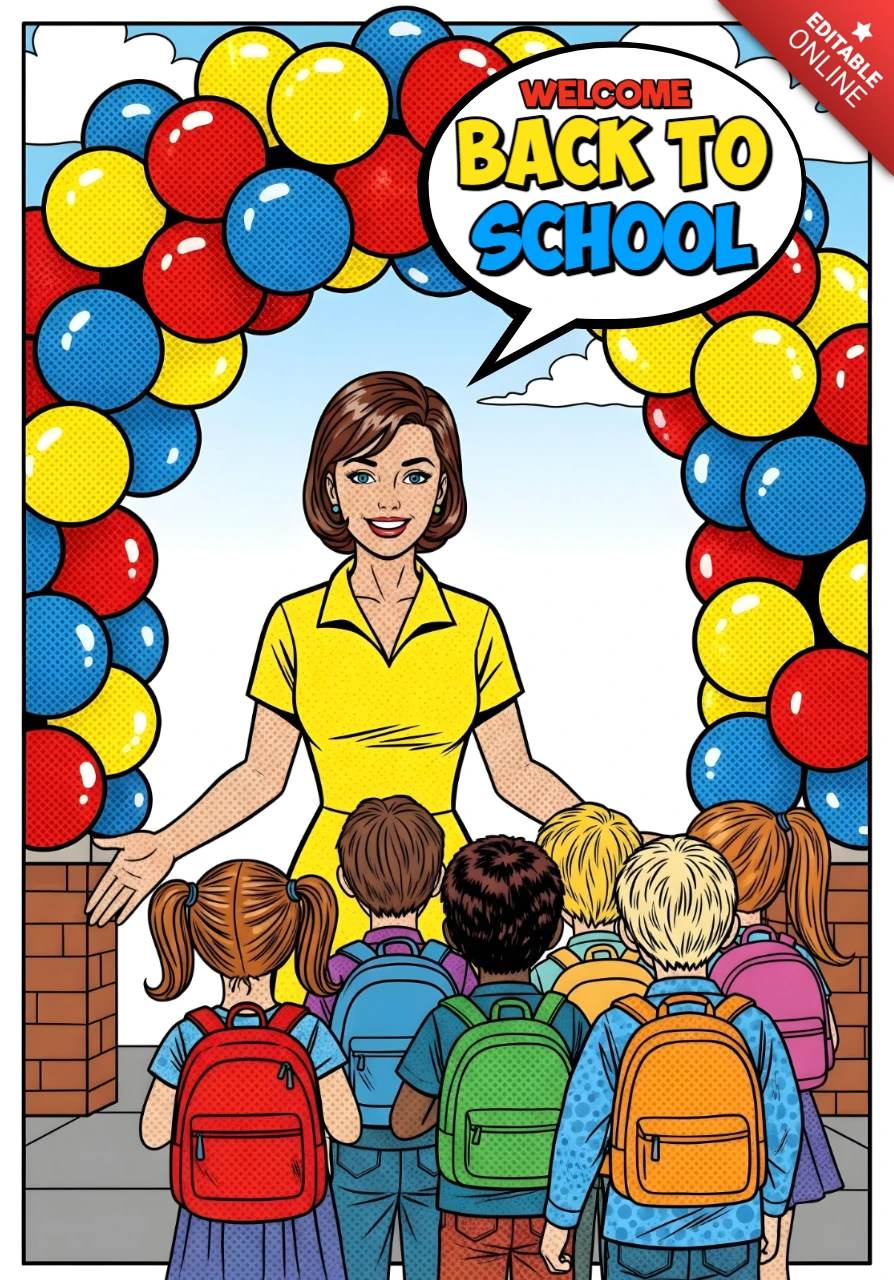 Estudiantes de regreso a la escuela llegando bajo un arco de globos con diseño de cartel de bienvenida del maestro.