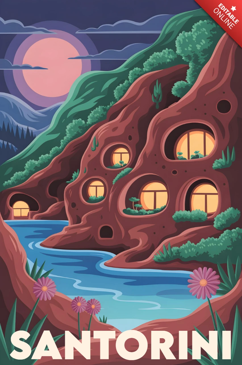 Cartazes de viagem de Santorini com habitações em cavernas, lua rosa e céu estrelado.