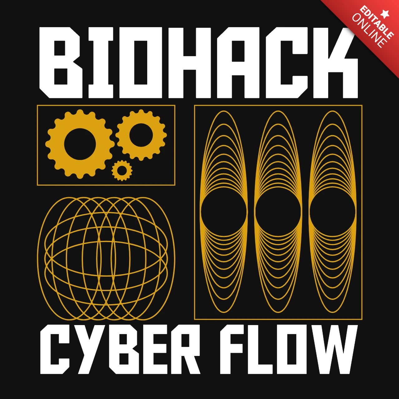 Conception de t-shirt avec graphique de biohack, sphère et flux cybernétique avec symboles technologiques jaunes.