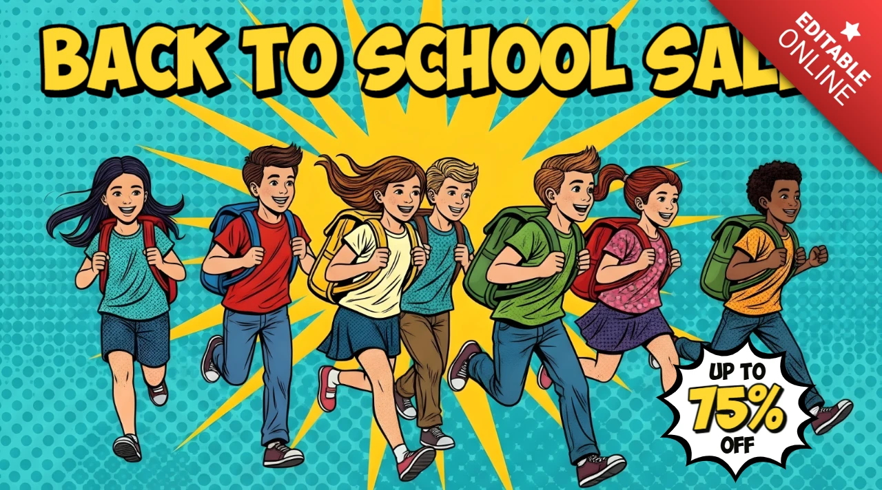 Running School Kids Comic Style Back to School Sale Art with Diverse Group & Discount Burst Design Template for Promotional Flyers