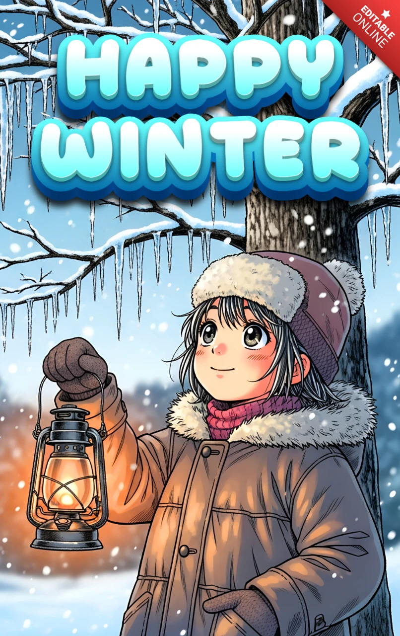 Template de design de lanterna de inverno para cartões de saudação com arte de personagem aconchegante.