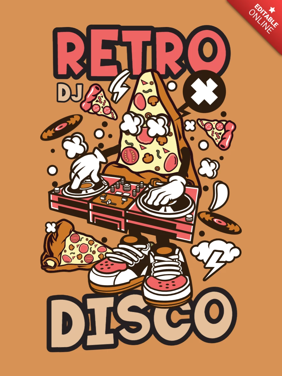 Retro Disco With Pizza Character T-shirt Design Template