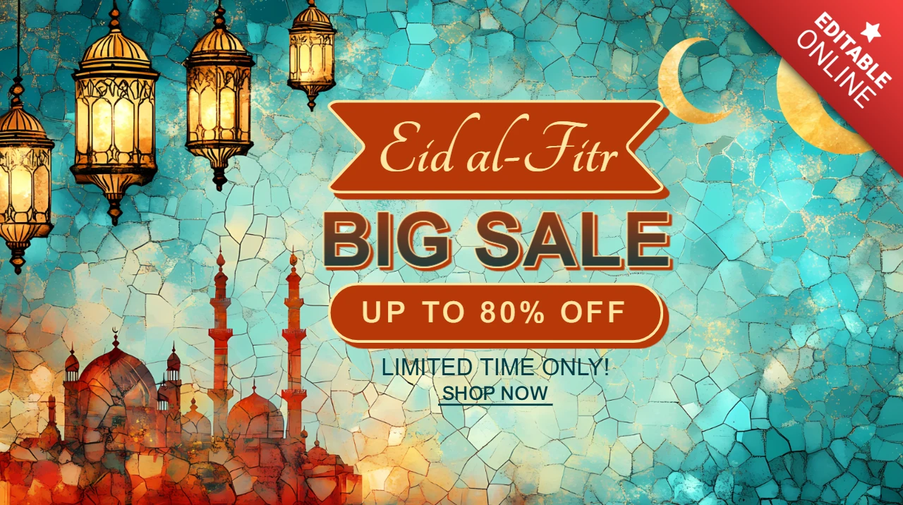 Modèle de vente pour l'Aïd al-fitr avec lanternes artistiques et mosquée en arrière-plan