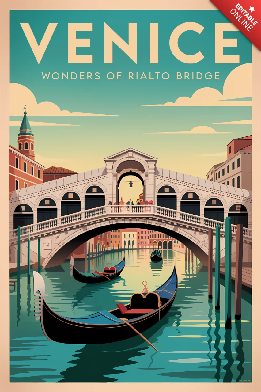 Venedig Rialtobrücke Retro-Designvorlage für Reiseposter