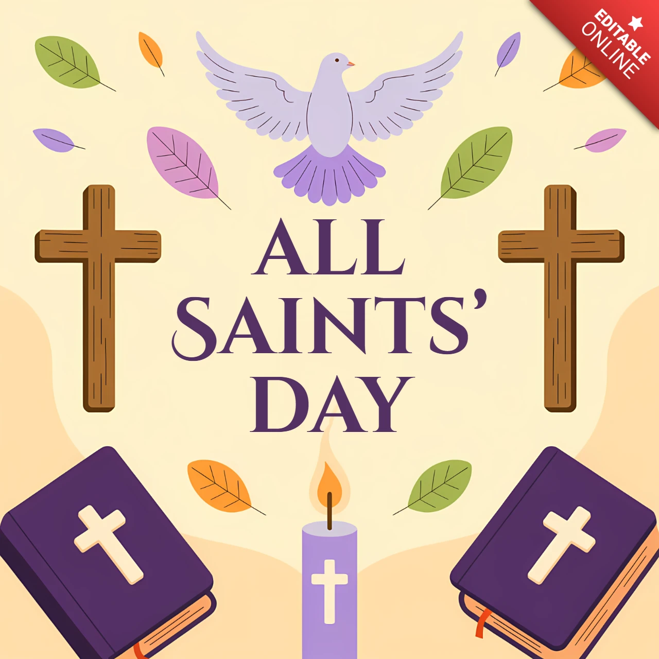 All Saints' Day Design Template with Dove and Crosses for Religious Greeting Cards