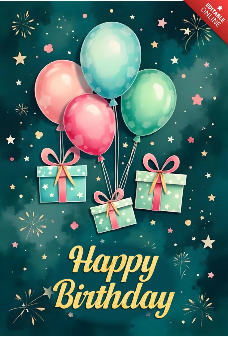 Plantilla de diseño de tarjeta de cumpleaños con globos de colores y regalos
