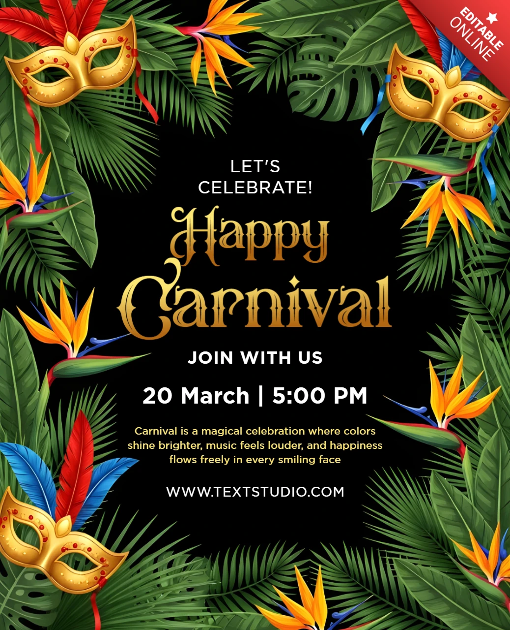Vibrant Carnival Celebration Template with Tropical Leaves and Masks for Event Invitations