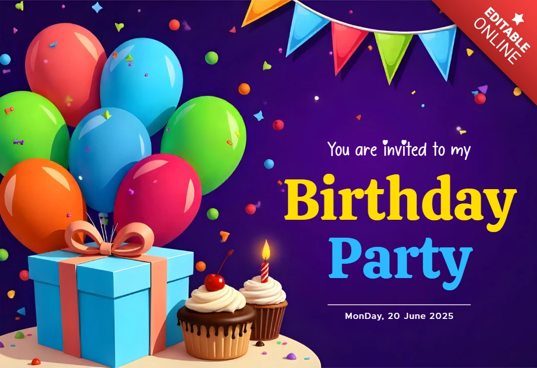 Colorful Birthday Invite Design Template with Cupcakes and Gift
