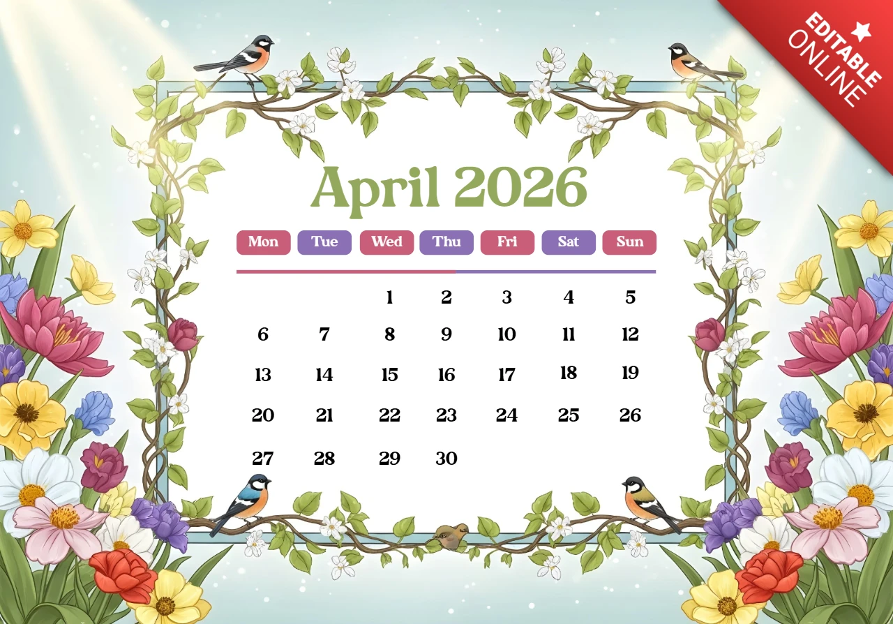 Affiche du calendrier d'avril 2026 — roses, tulipes, marguerites, lavande, oiseaux et design décoratif joyeux