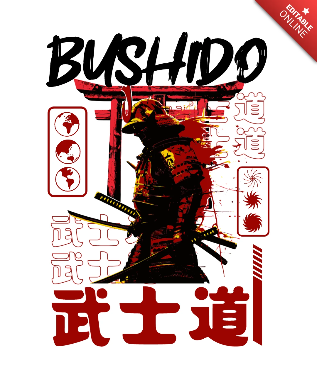 Plantilla de diseño de camiseta de samurái Bushido con espadas duales y puerta torii roja.