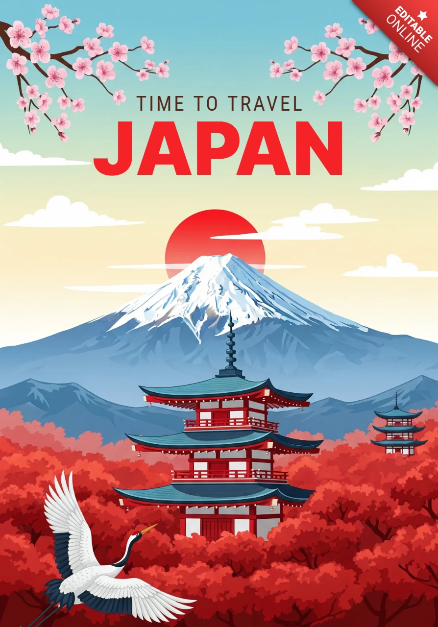 Hora de viajar pelo Japão, pôster da pagoda, monte Fuji, flores de cerejeira e garça em paisagem de outono.