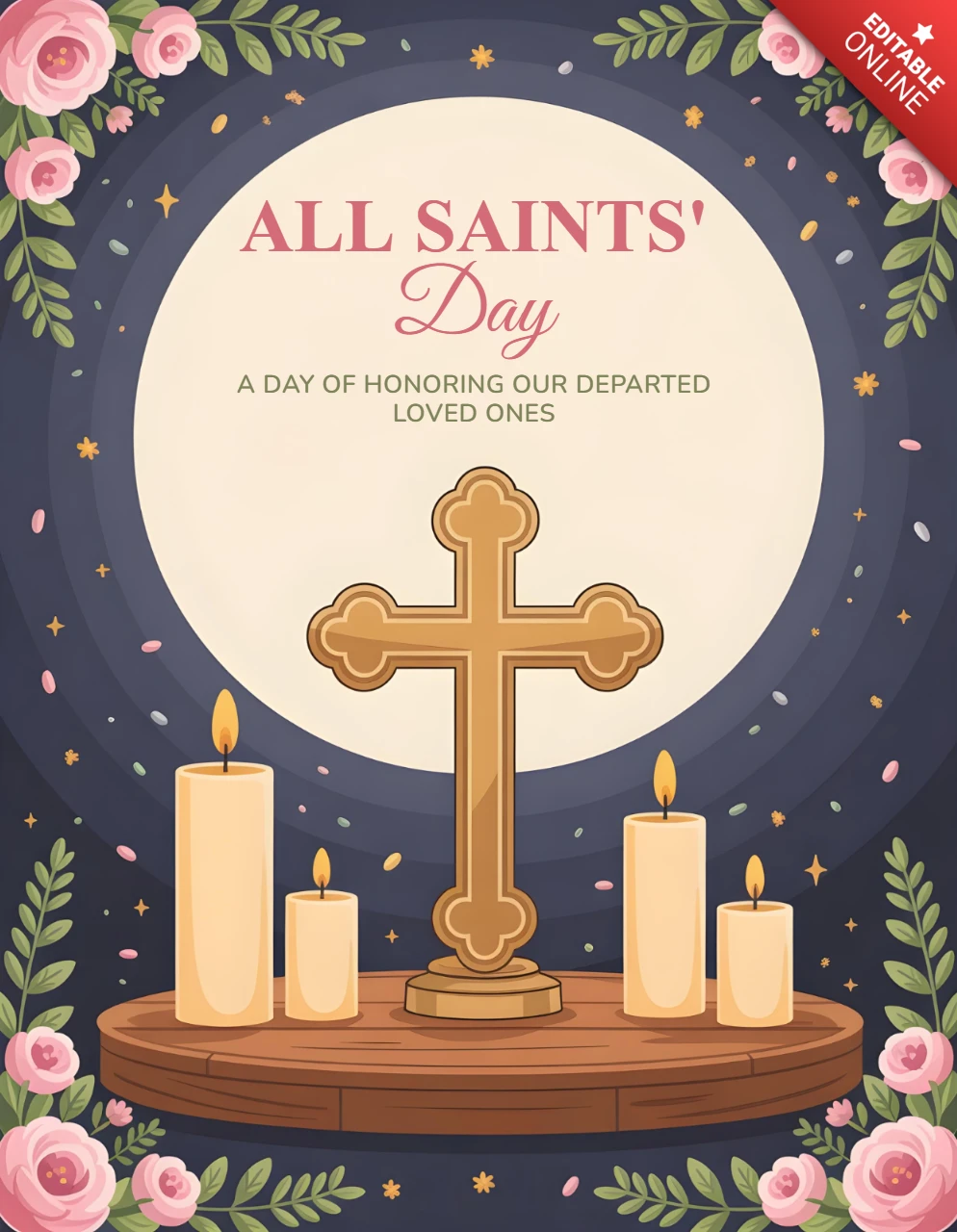 Plantilla de diseño de tarjeta de felicitación del día de todos los santos con cruz dorada, velas encendidas, rosas y cielo estrellado.