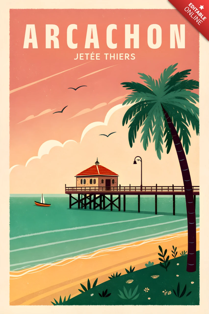 Retro-Stranddesign-Vorlage mit Pier und Palme für Reiseposter