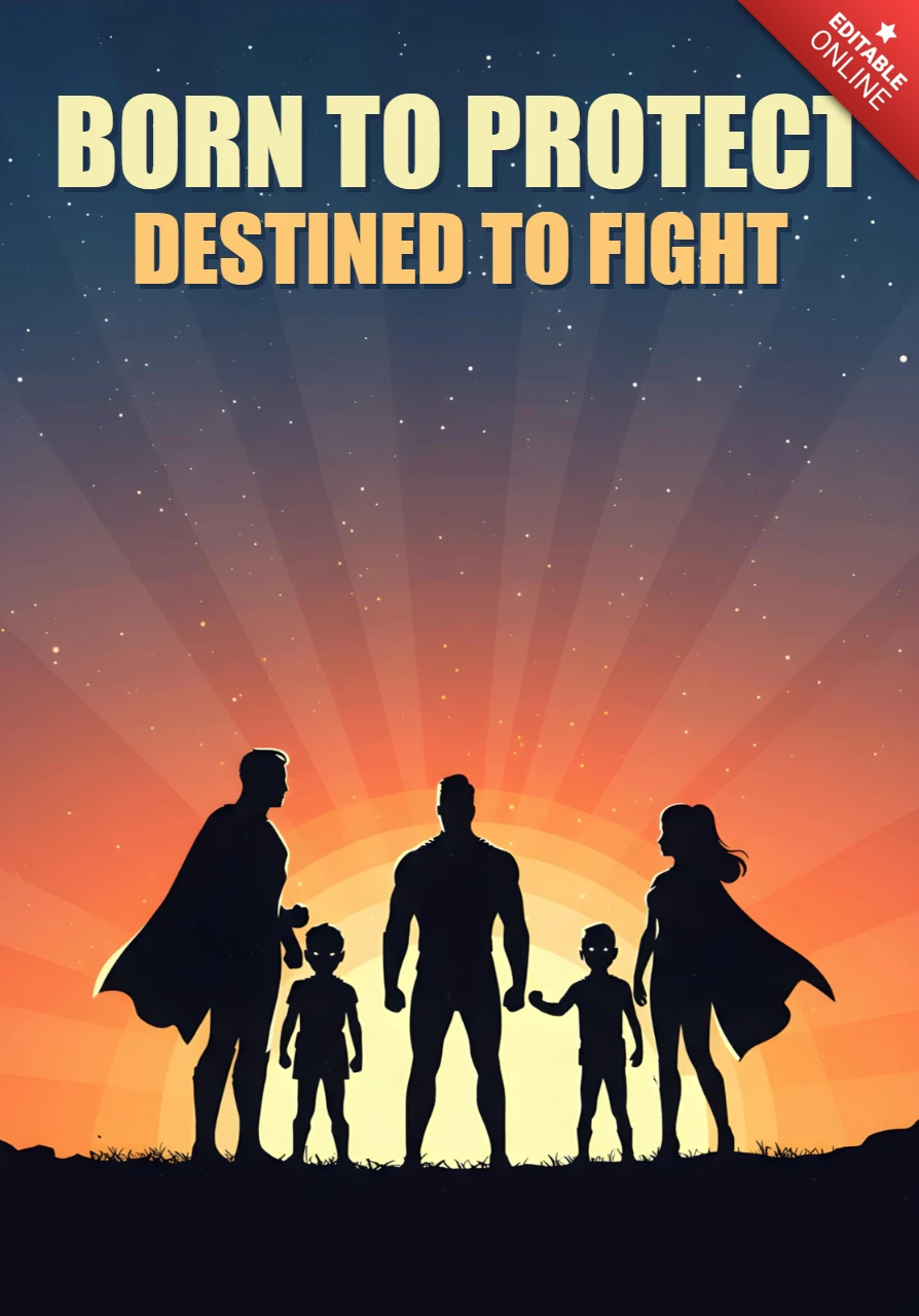 Born to Protect Destined to Fight Superhero Family Silhouettes at Sunset Poster Design Template