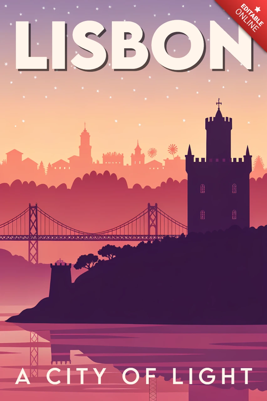 Template de design de paisagem urbana de Lisboa para pôsteres de viagem retro em tons de rosa.