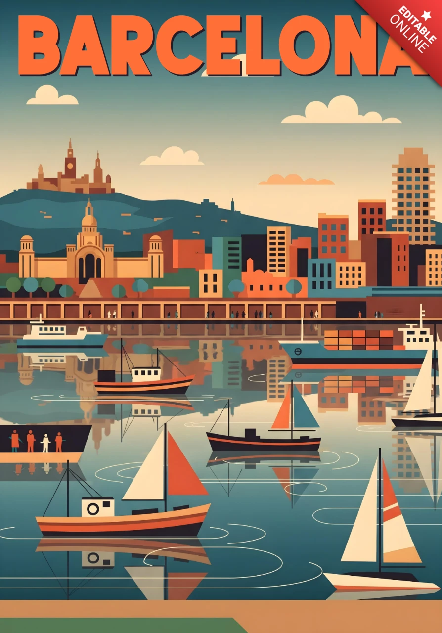 Barcelona stad & waterkant zeilboten, skyline & architectonische mix reisposters ontwerp sjabloon