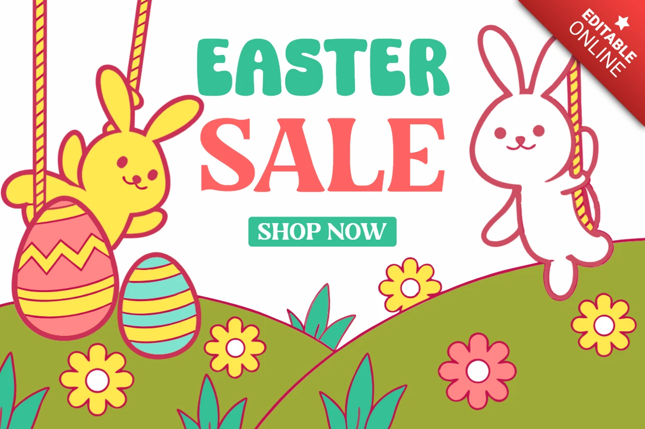 Colorida plantilla de diseño de venta de Pascua con lindos conejitos y huevos