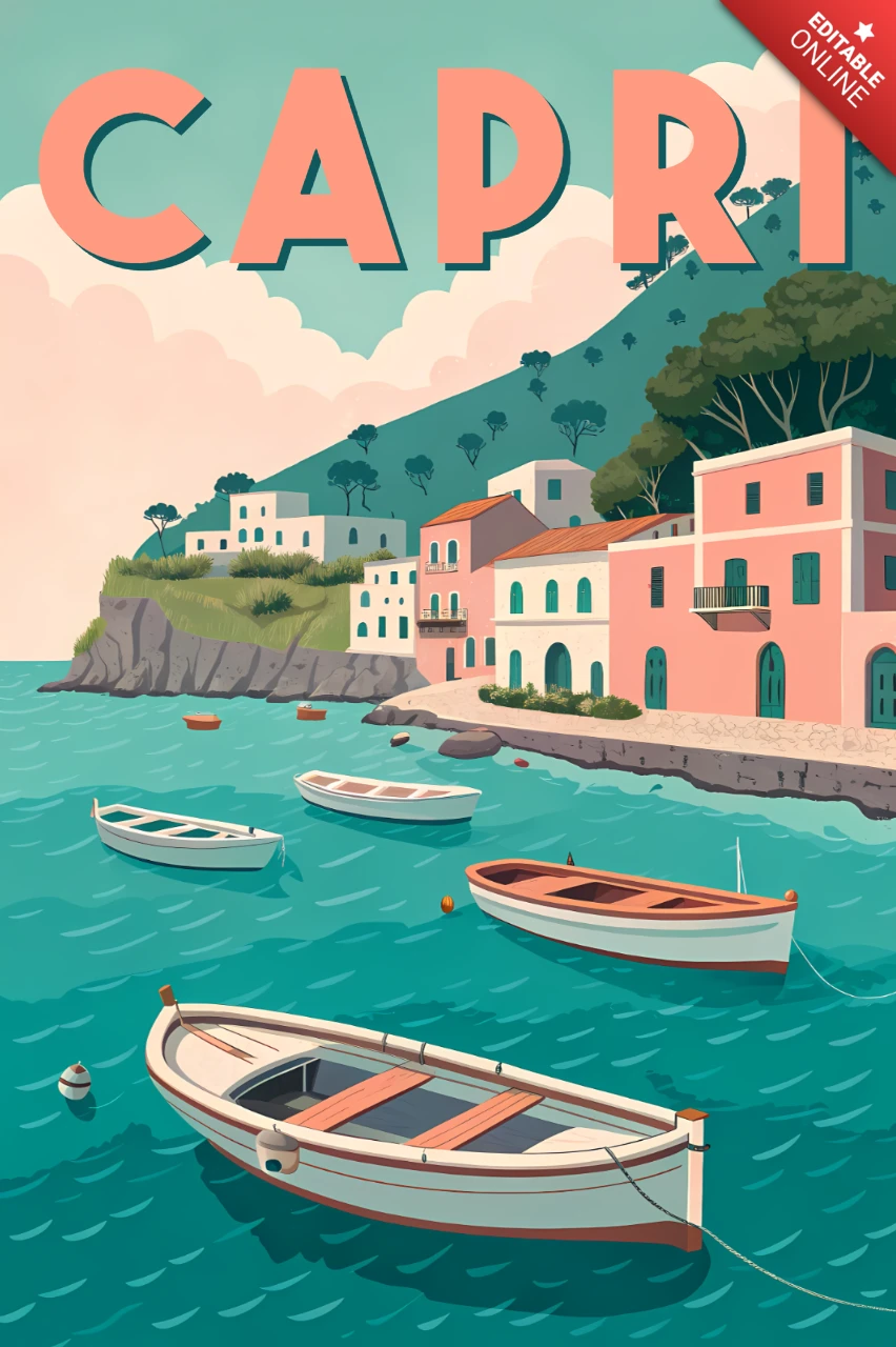 Capri vintage illustratie ontwerpsjabloon voor retro vlakke reisposters