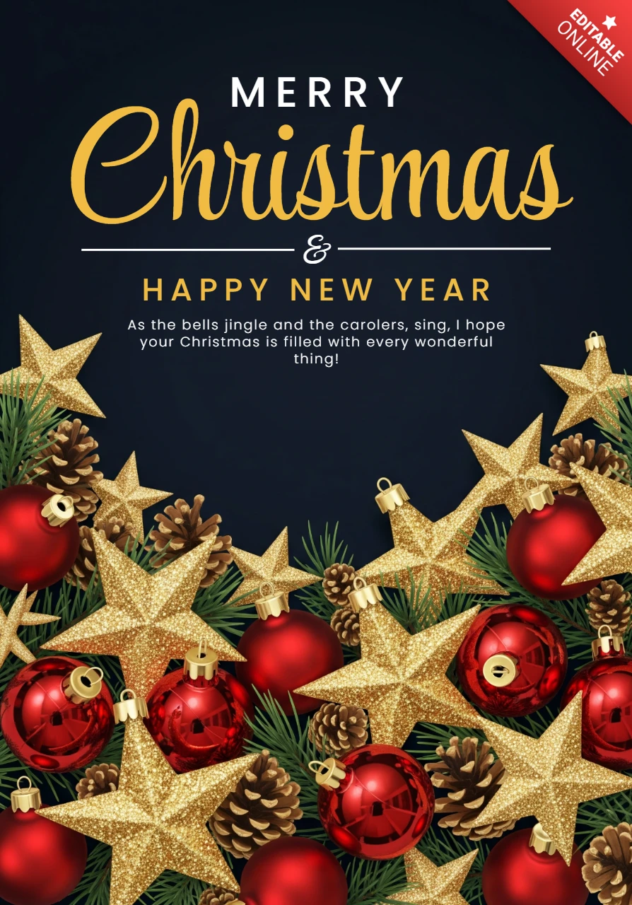 Dark Holiday Greeting Card with Red Ornaments, Gold Stars, Pinecones, and Green Pine Branches