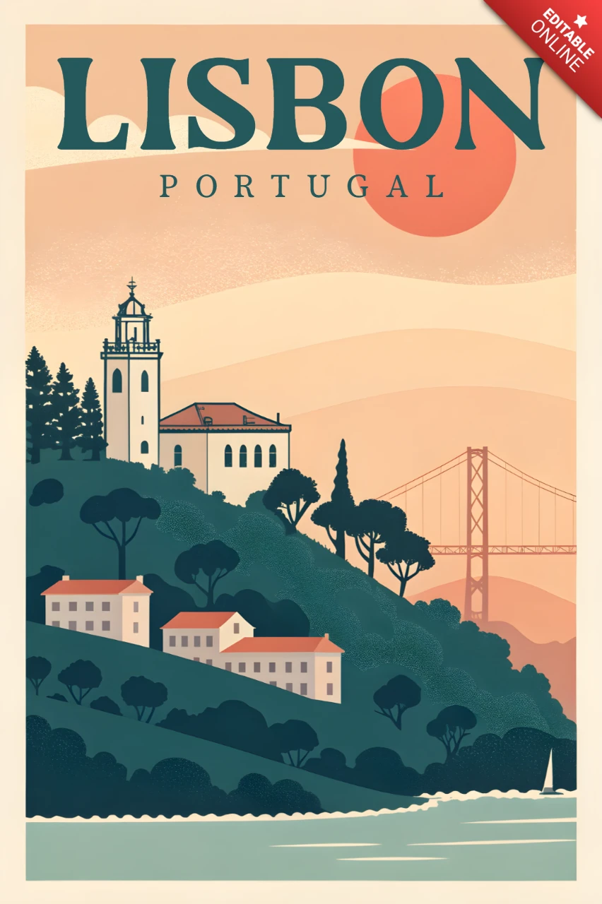 Lissabon Portugal Vintage-Reiseplakat-Designvorlage mit malerischer Landschaft