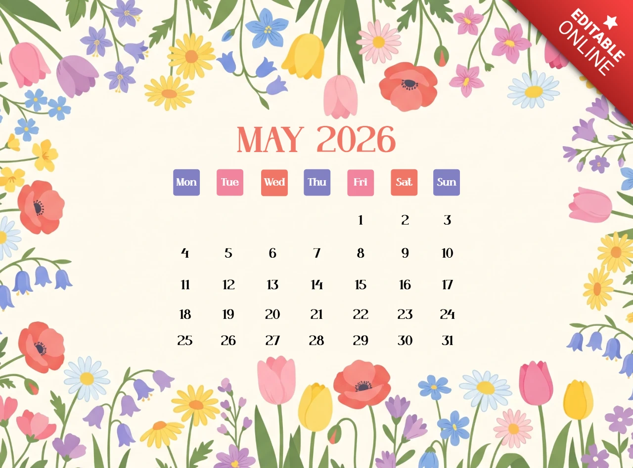 May 2026 Calendar Poster with Cheerful Floral Border and Tulips, Daisies, and Poppies