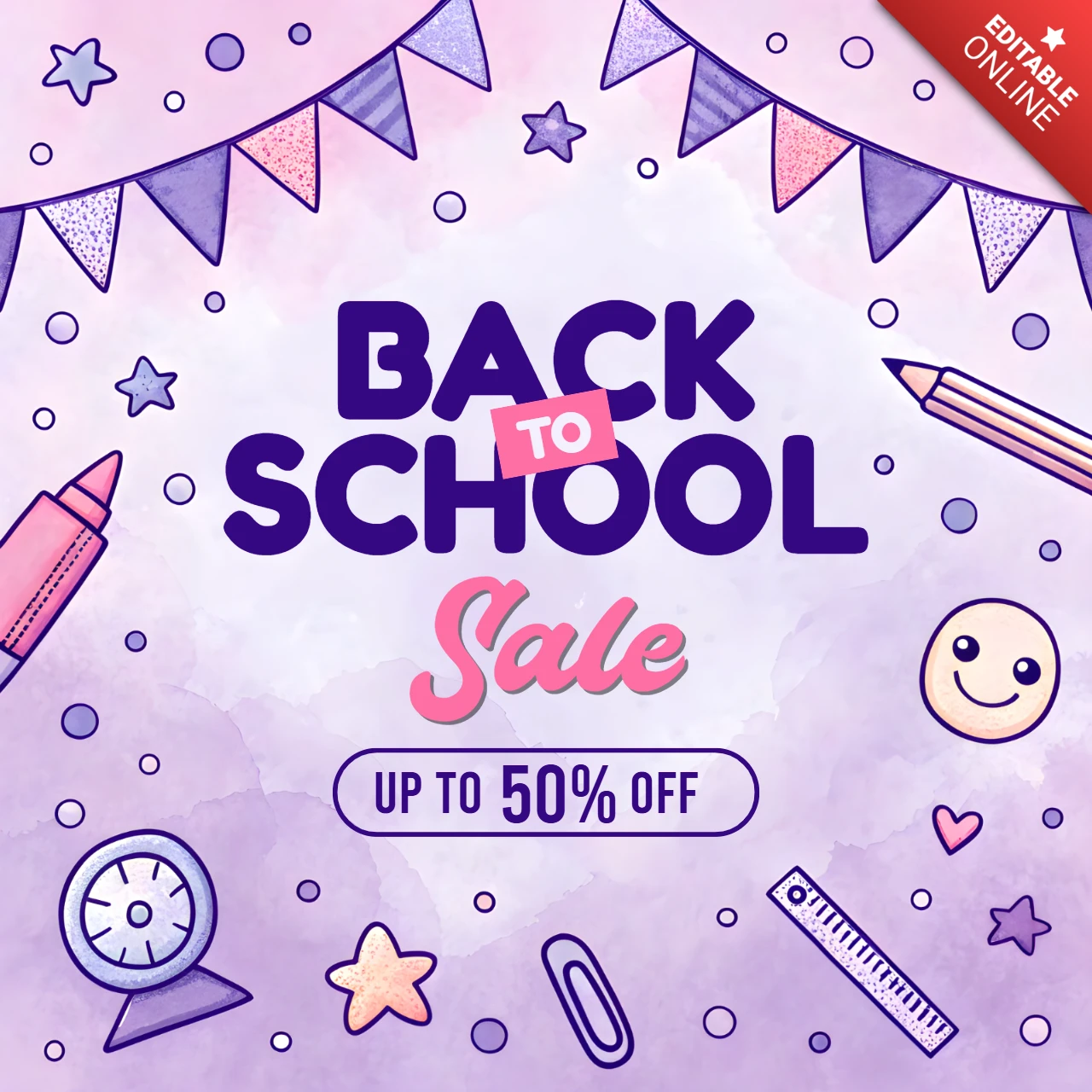 Plantilla de diseño de venta de regreso a clases con divertidos útiles escolares y un estilo acuarela juguetón para volantes.