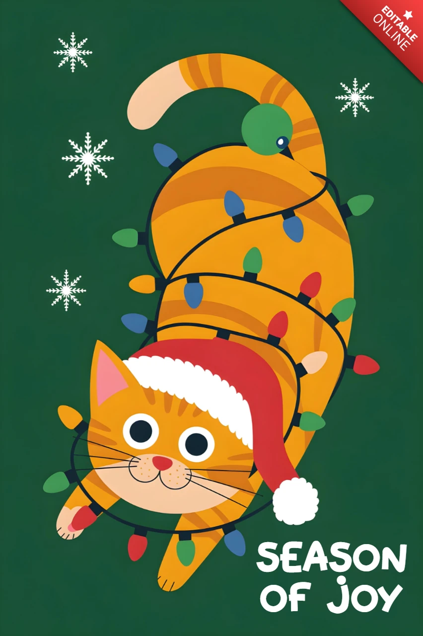 Weihnachtsgrußkarte orangefarbener Tabby-Kater im Weihnachtsmannhut, eingewickelt in Lichter mit Schneeflocken und Text "Saison der Freude"