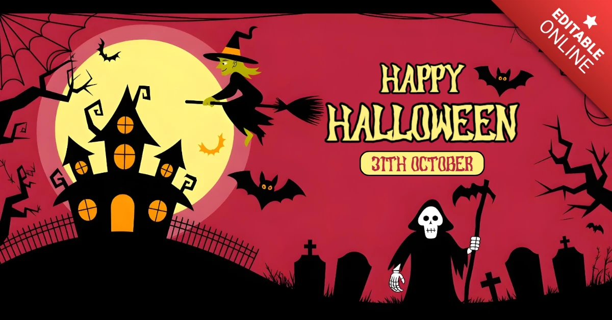 Modelo de capa do Facebook com cena de casa assombrada de Halloween, bruxa voadora, ceifador e lua cheia.