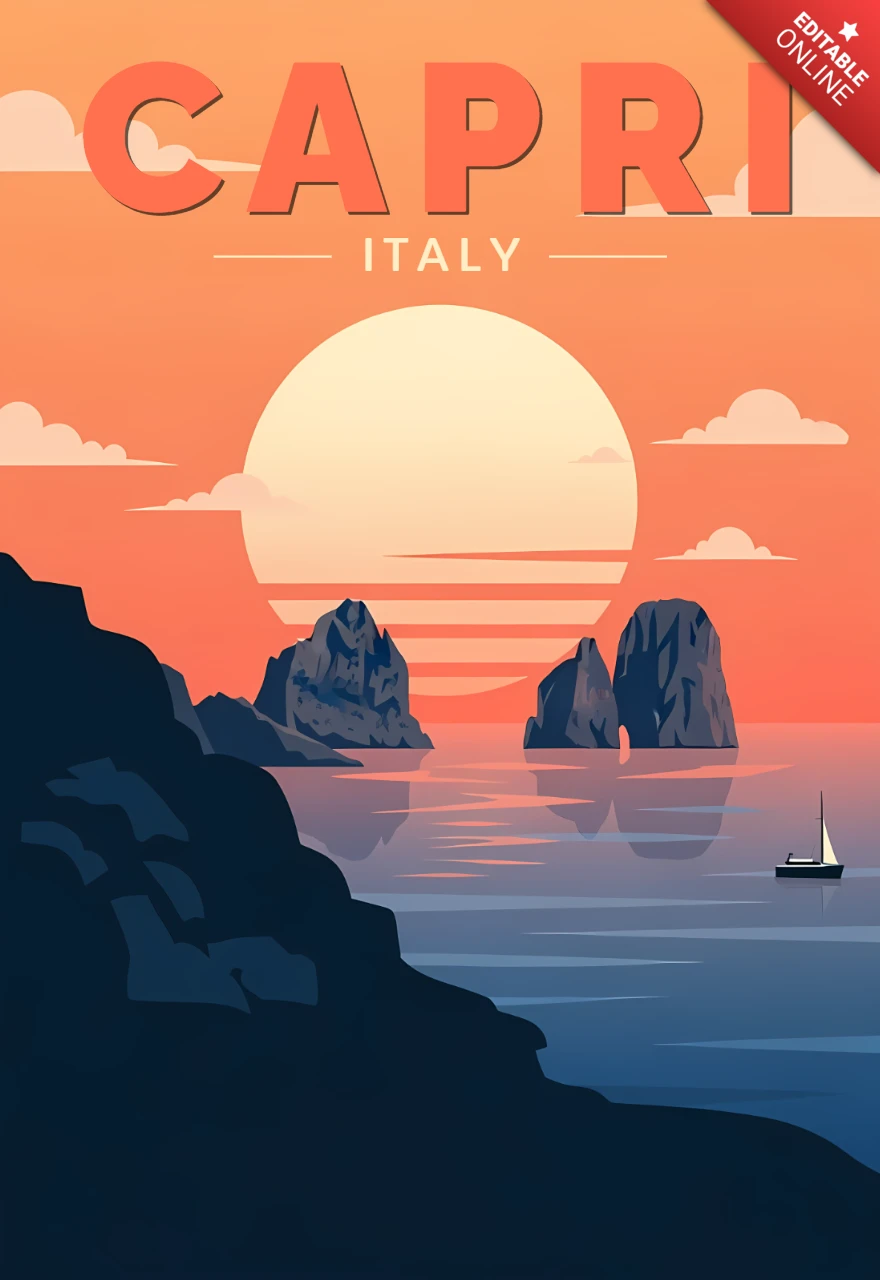 Capri Italië vintage reis poster ontwerp sjabloon met zonsondergang en kustlandschap
