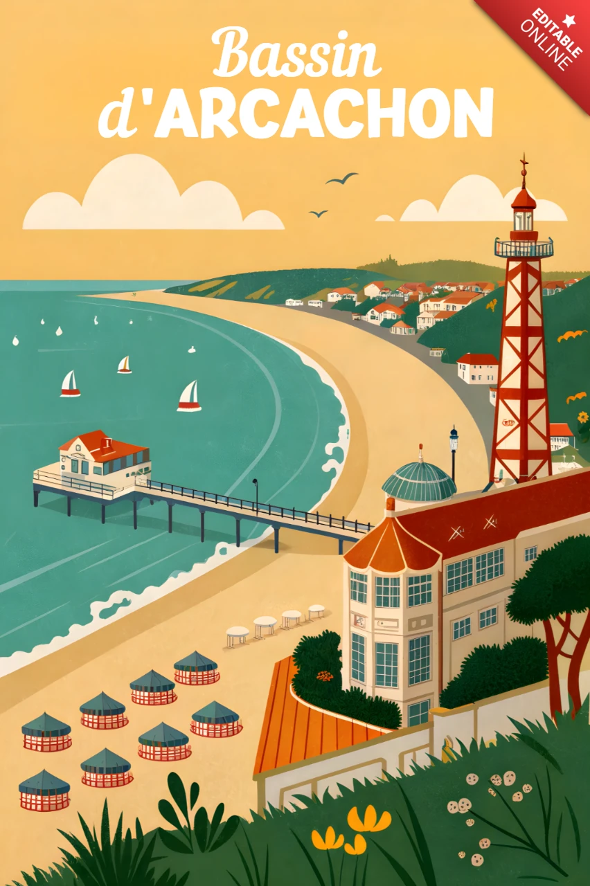 Plantilla de diseño de ilustración vintage para carteles de viaje del bassin d'Arcachon