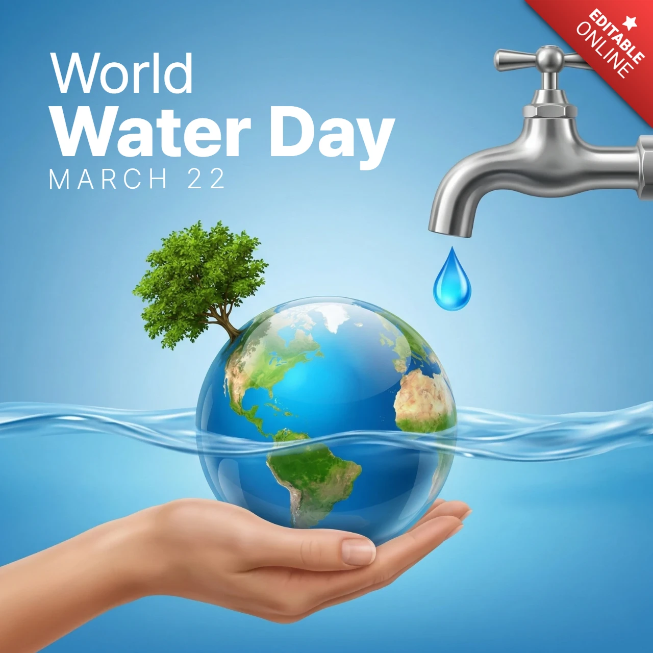 Weltwassertag 2026 Plakat Hand, die den Globus mit einem Wasserhahn-Tropfen und einem Baum hält, symbolisiert Wassersparen und Umweltschutz.