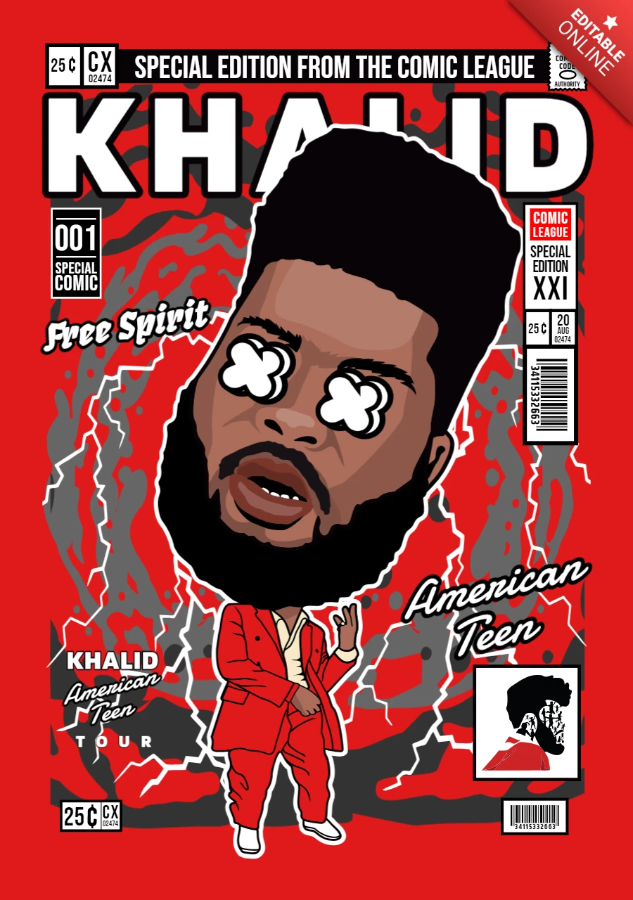 Khalid American Teen Cartoon Character Magazine Cover Design Template