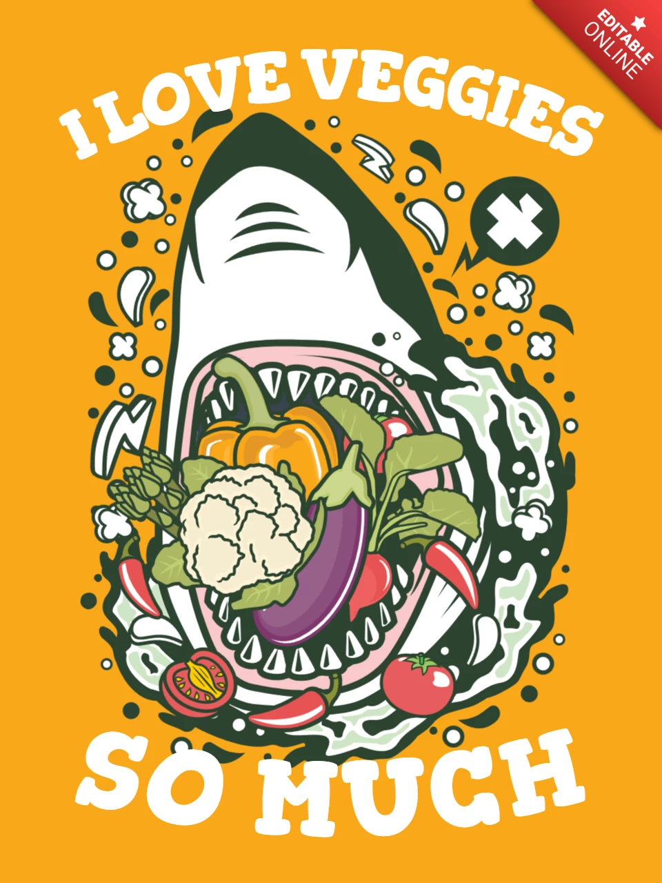 I Love Veggies Cartoon Shark T-Shirt Design Template