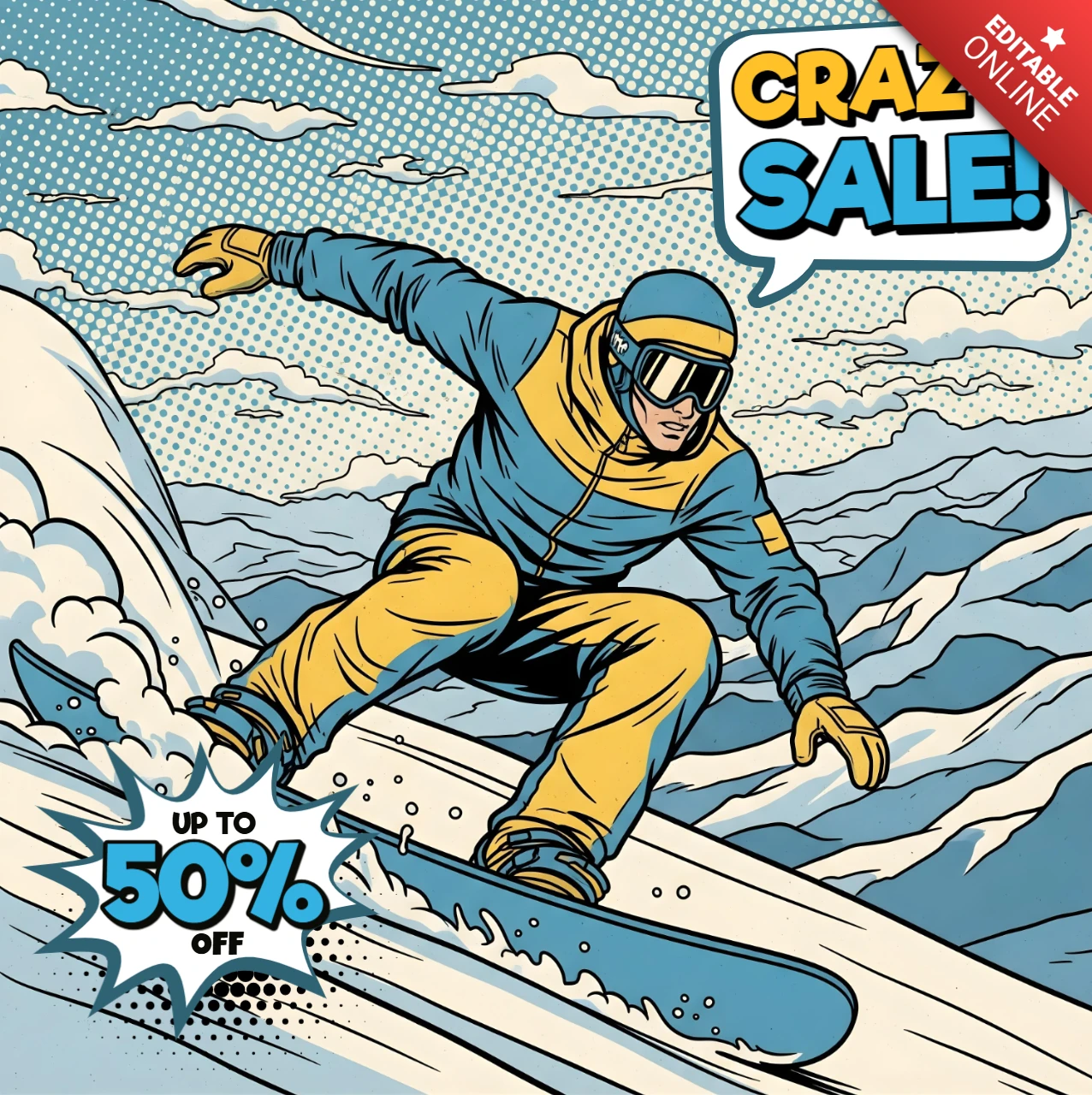 Snowboard-Held Comic-Stil Bergszene mit verrücktem Verkaufsdesign-Vorlage für Werbeflyer
