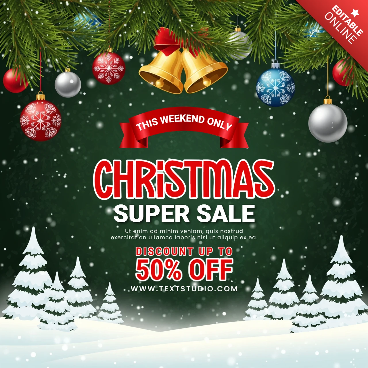 Christmas Shopping Ad Dark Green Holiday Flyer with Snowfall, Gift Icons, and Big Sale Highlight