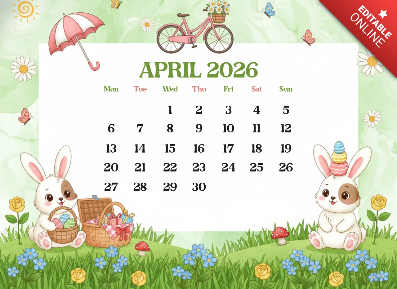 Kalenderplakat April 2026 — pastellgrüner Hintergrund mit Kaninchen, Blumen und dekorativem Randthema
