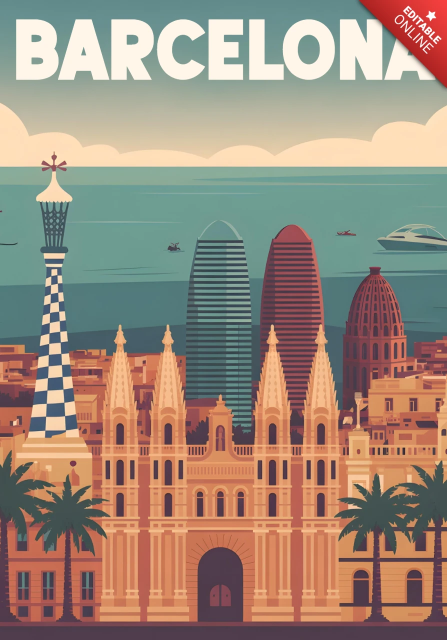 Barcelona Cityscape Sagrada Família, Torre Glòries & Mediterranean View Travel Posters Design Template