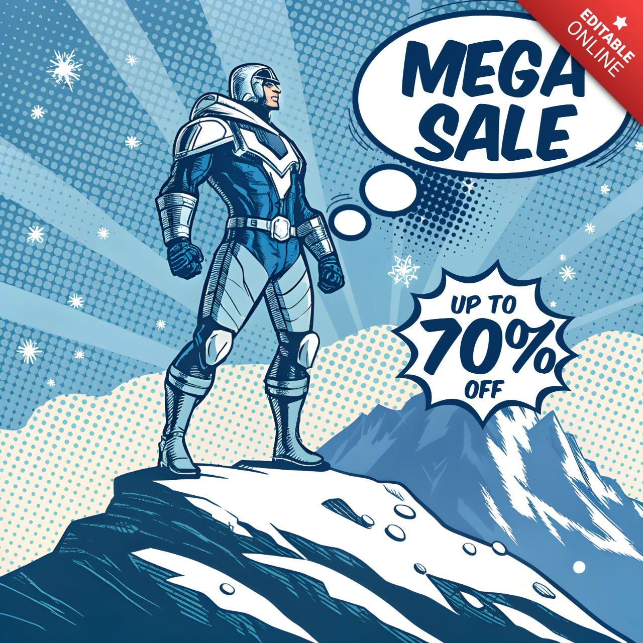 Comic-Stil Mega-Verkauf Werbevorlage mit Superhelden-Design für Flyer