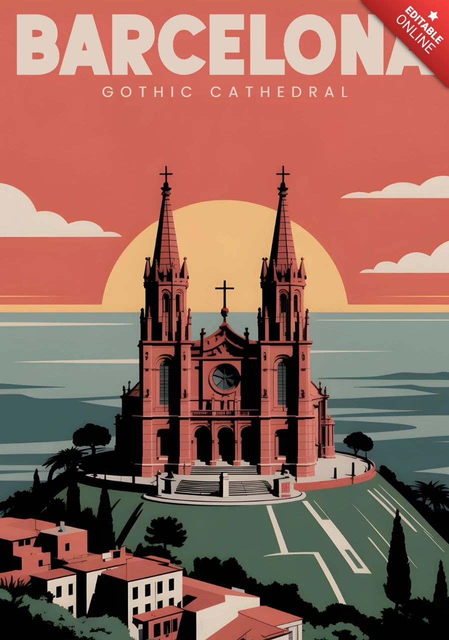 Barcelona Gothic Cathedral Sunset Over Ocean & Historic Architecture Travel Posters Design Template
