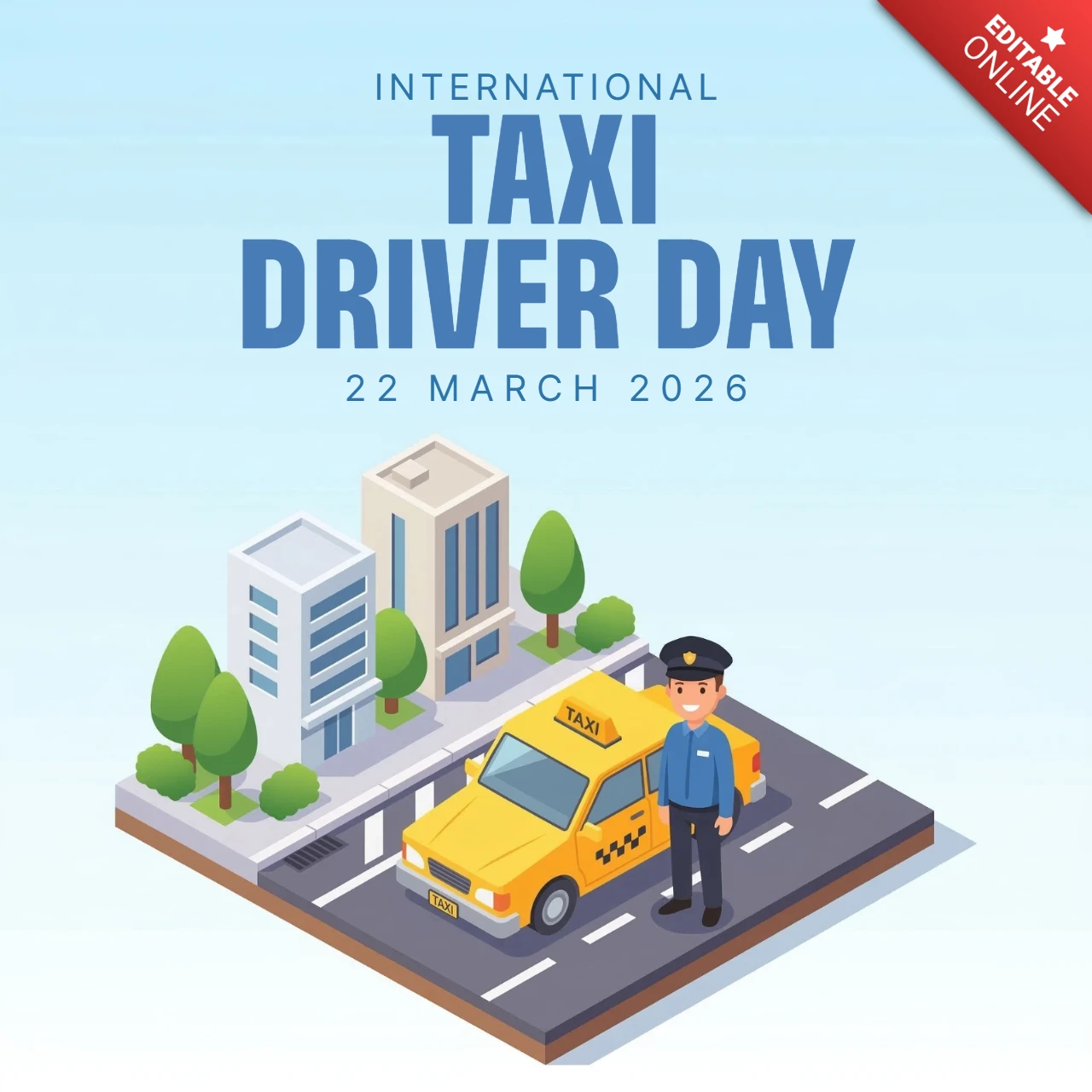 Cartaz de conscientização para o dia internacional do motorista de táxi 2026 com tema de motorista, táxi amarelo clássico e paisagem urbana.
