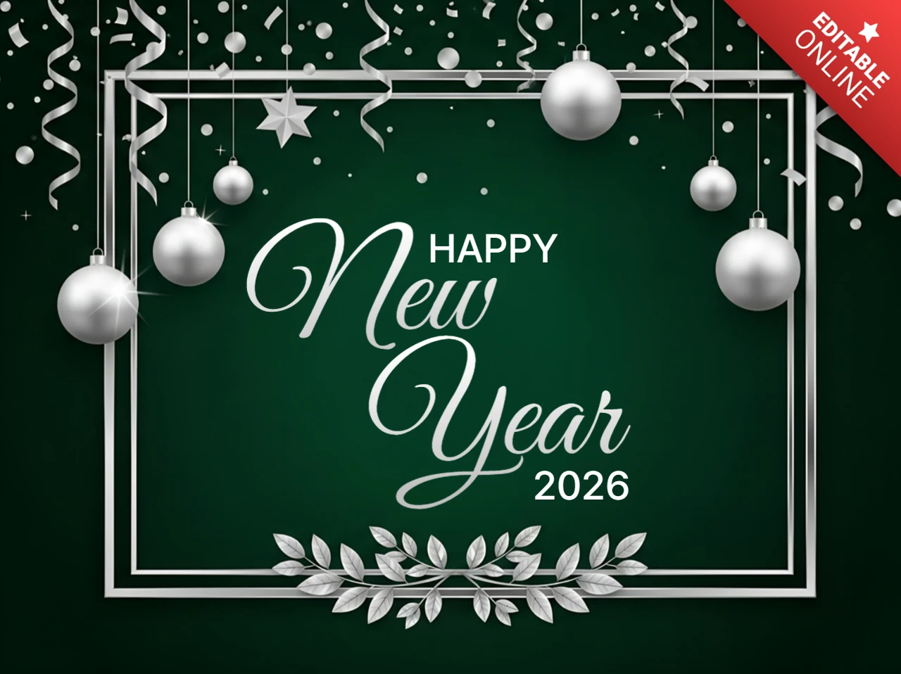 Elegant New Year 2026 Greeting Card Design Template with Silver Ornaments